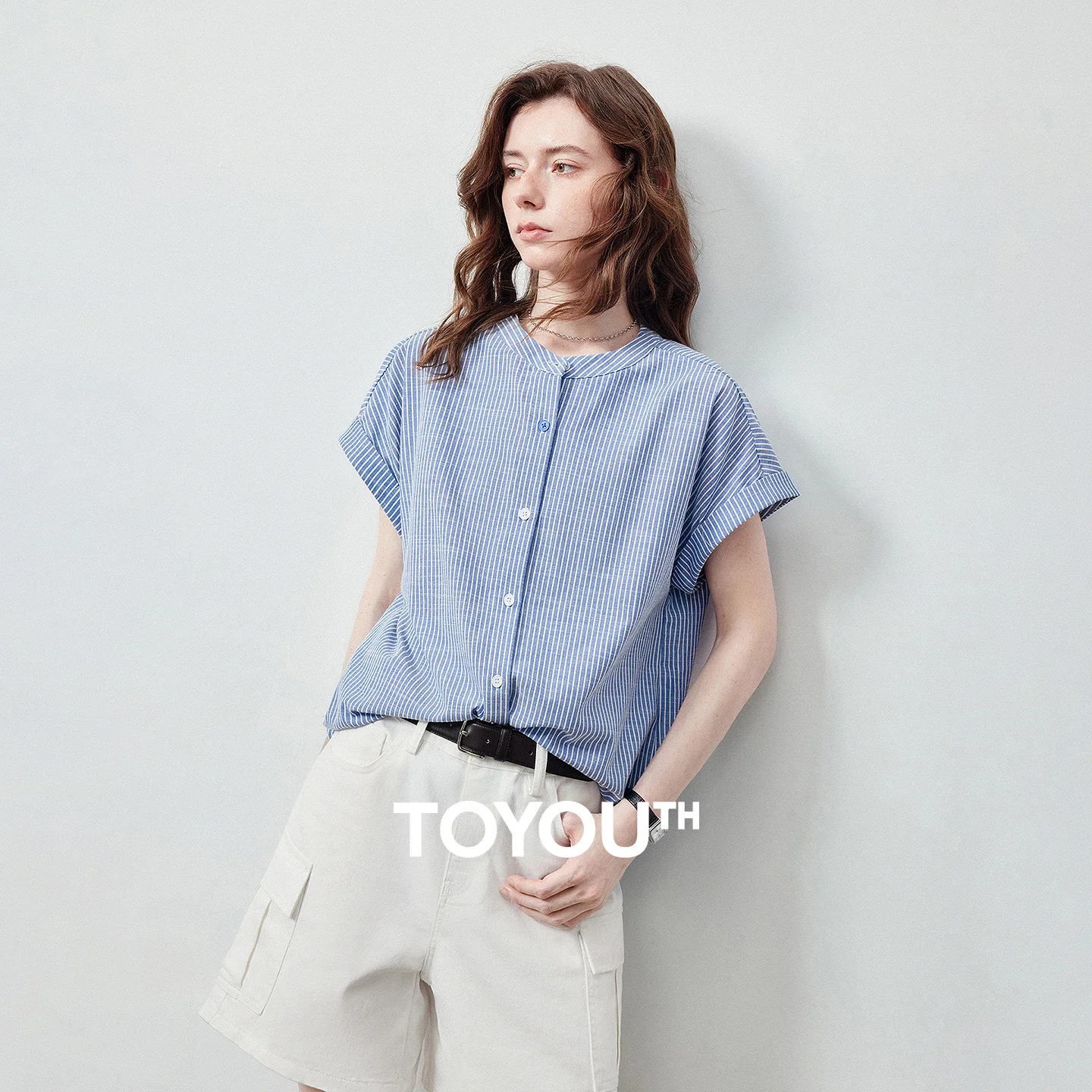 

TOYOUTH Women Blue White Striped Blouse Summer 2026 New Arrival Rolled Edge Connected Sleeve High Low Hem Loose