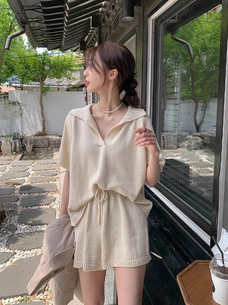 

Chic Summer Knitted Soft ort Top And Wide Leg Dstring orts Two Piece Set f Open Collar Trendy Ensemble for Young Women