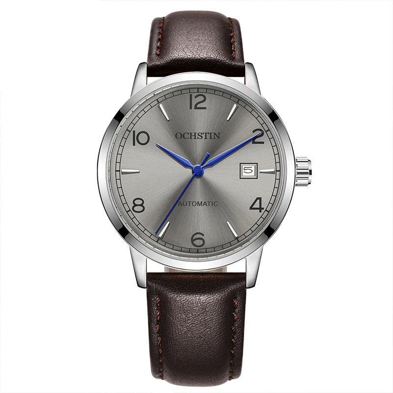 OCHSTIN Simple Men Watch Automatic Mechanical Date Display Luxurious Sunbeam Dial Leather Strap Male Wristwatch Business Gifts