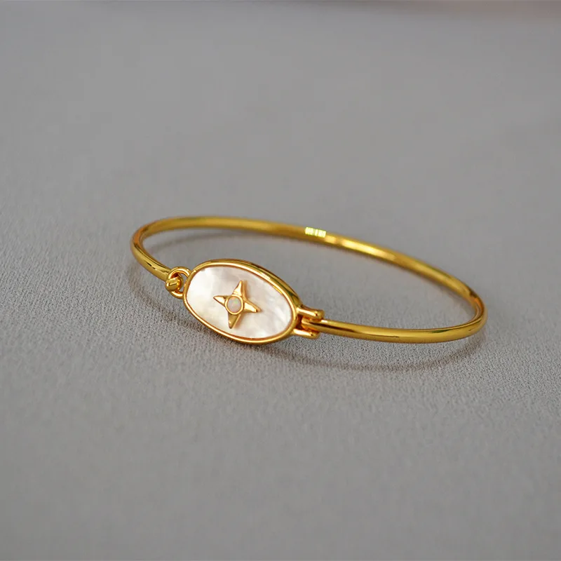 

Classic Style Fashion Simple White Mother-of-pearl Inlaid Opal Brass Gold-plated Openable Thin Bracelet for Women Trendy Bangle