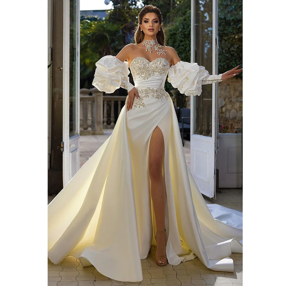 

Fashion Sweetheart Lantern Sleeves Wedding Dresses Chic Beads Appliques Sweep Train Sheath Gowns Pleat Side Slit Bride Dresses