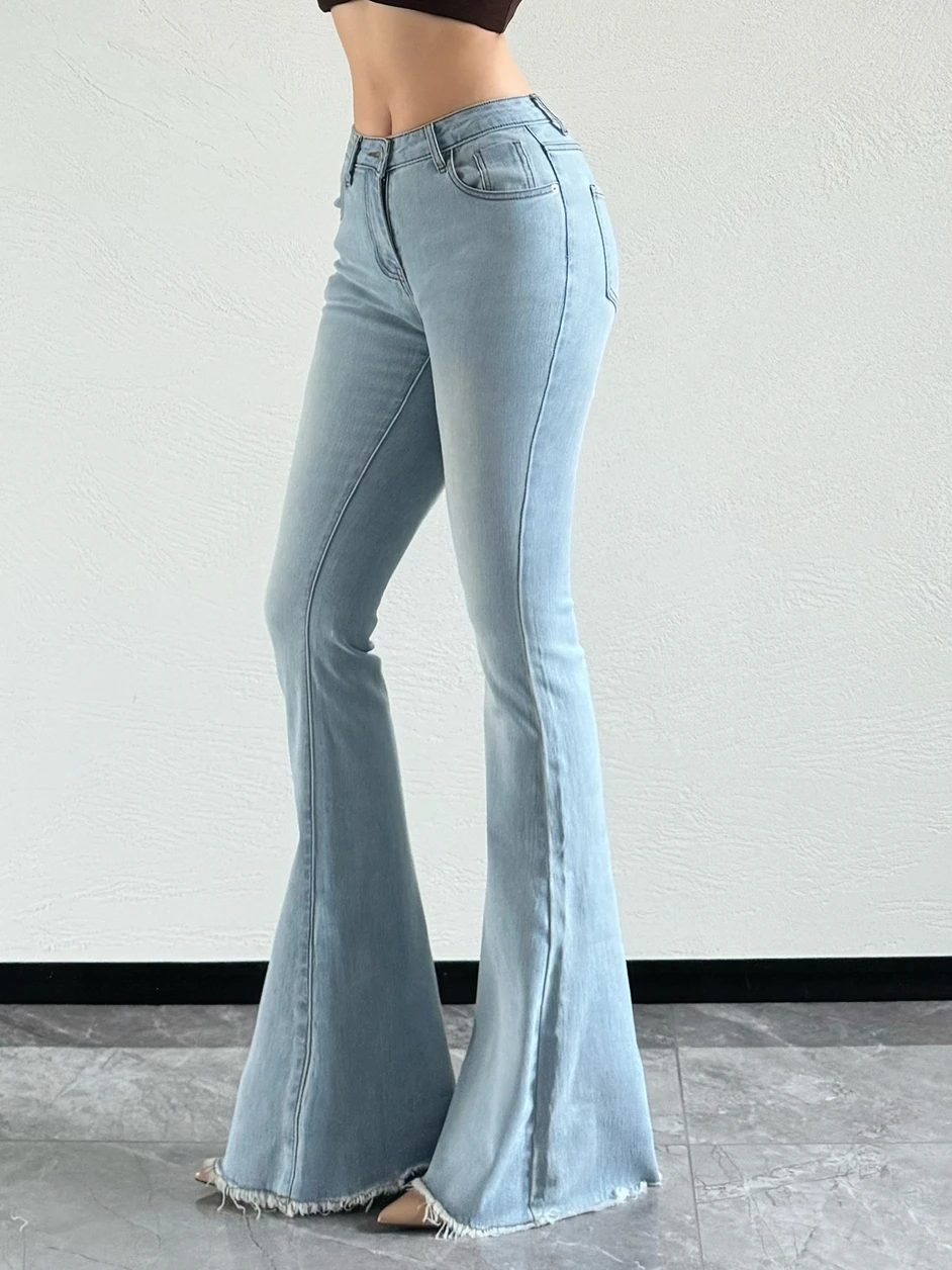 Light Blue Low Waisted Fringed Denim Bell Bottom Pants Women Tight Fitting Lifting Buttocks Sexy Washed Floor Length Pants 6O75