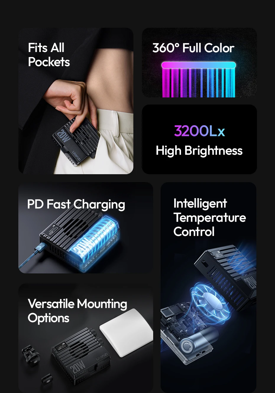 LE20 20W RGB Pocket Light CRI 95+ 2500K-9000K Dimmable Camera Video Light for DS