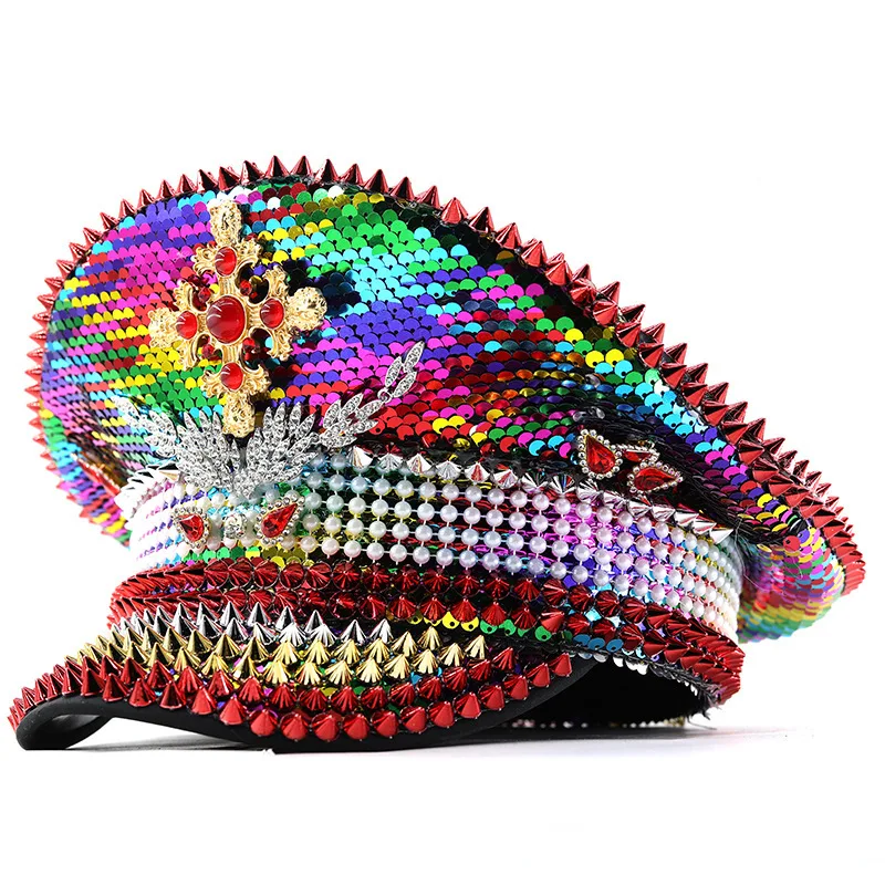 カラフルな両面スパンコールパフォーマンス、ホットスタンピングダイヤモンドスタッズネイビーパーティー、カーニバル、誕生日、結婚式の大きな帽子