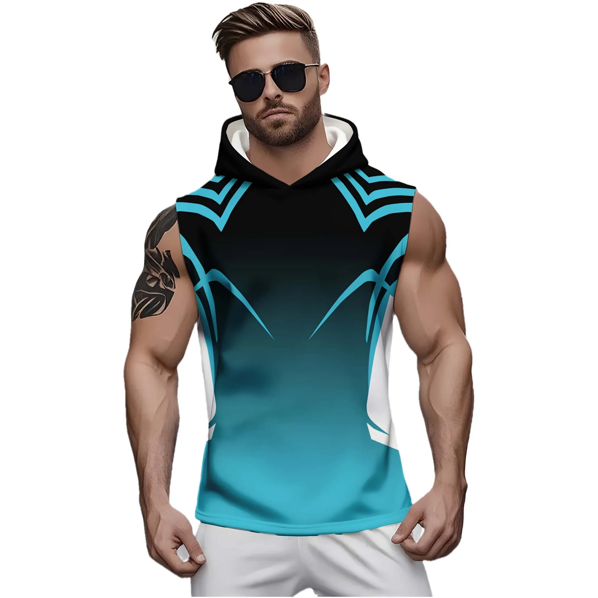 Herren Freizeit-Sportweste Ärmellos mit Kapuze Farbverlauf Geometrisches Muster Atmungsaktives Bodybuilding Street Muscle Tanktop – Detail 2