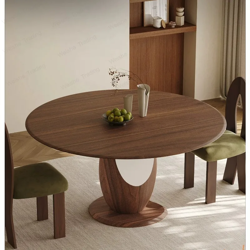 Medieval solid wood round dining table, walnut leather living room dining room household wabi-sabi wind, dining table