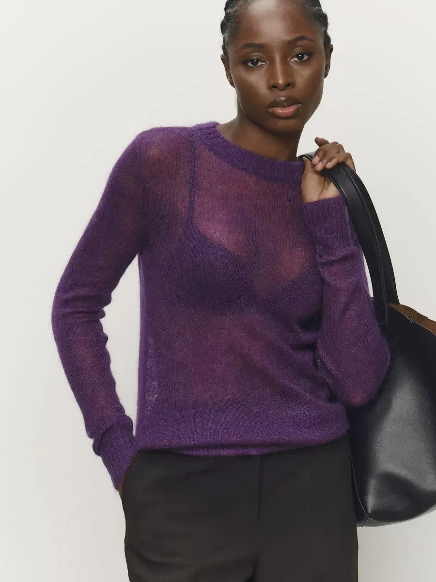 2025 Autumn Semi Transparent O-neck Knitted Sweater Tops Spring Women Fashion Solid Loose Soft Base Casual Outerwear Sweater
