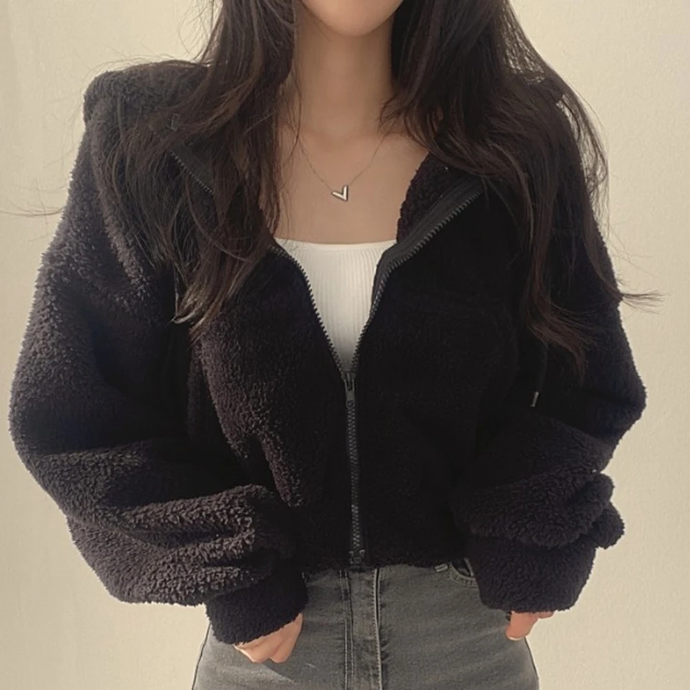 Cropped Hooded Jacket for Women with Full Zip Lamb Fleece Lining Casual Outerwear Suitable for Seasons Cropped