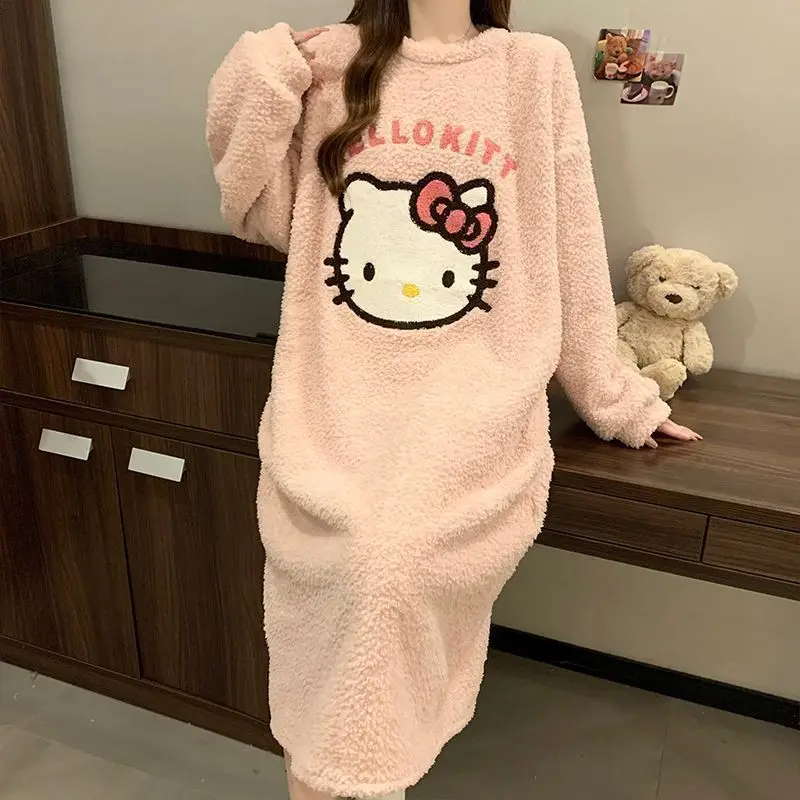 

Sanrio Hello Kitty женская юбка для сна из кораллового флиса Kawai мультфильм зимняя теплая одежда для сна с длинными рукавами ночная рубашка студенческий домашний костюм