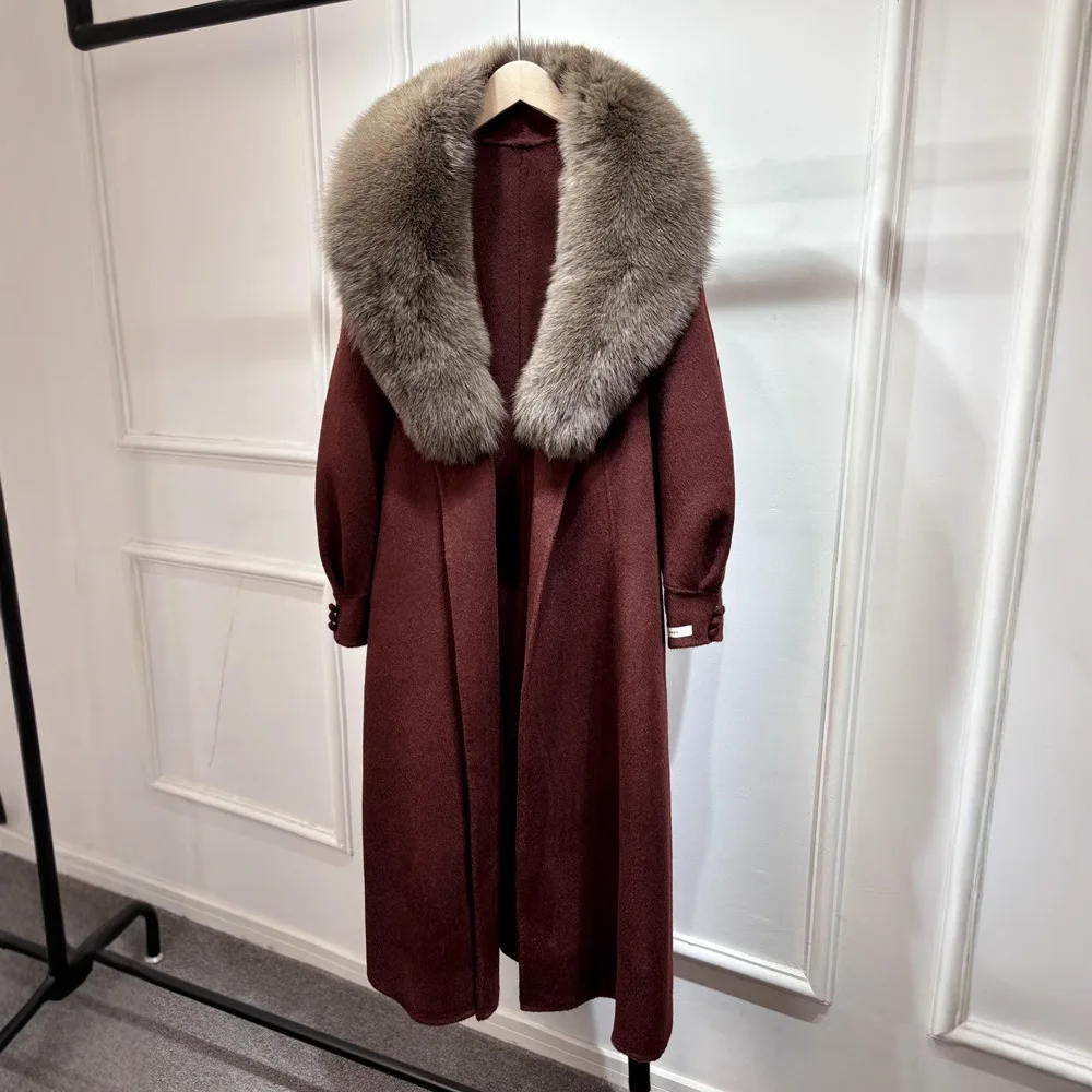

2025 New Fashion Winter Women's Cashmere Warm Wool Blends Jackets Real Natural Fox Fur Coat Luxury Woolen Clothing Outerwear