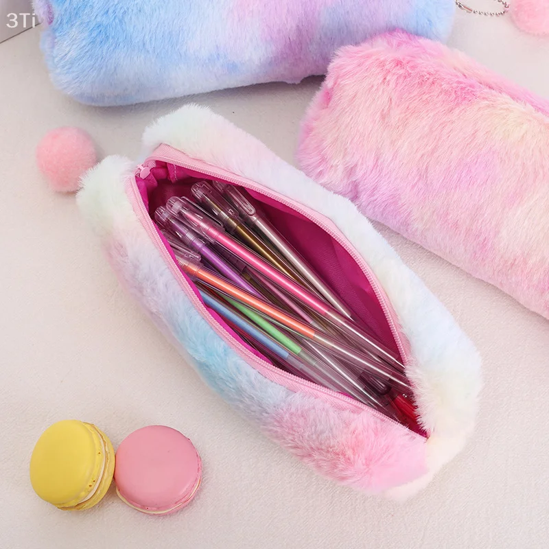 Gradient Color Plush Pencil Case Simple Large Capacity Stationery Storage Bag Creative Pen Pouch Makeup Bags School Supplies