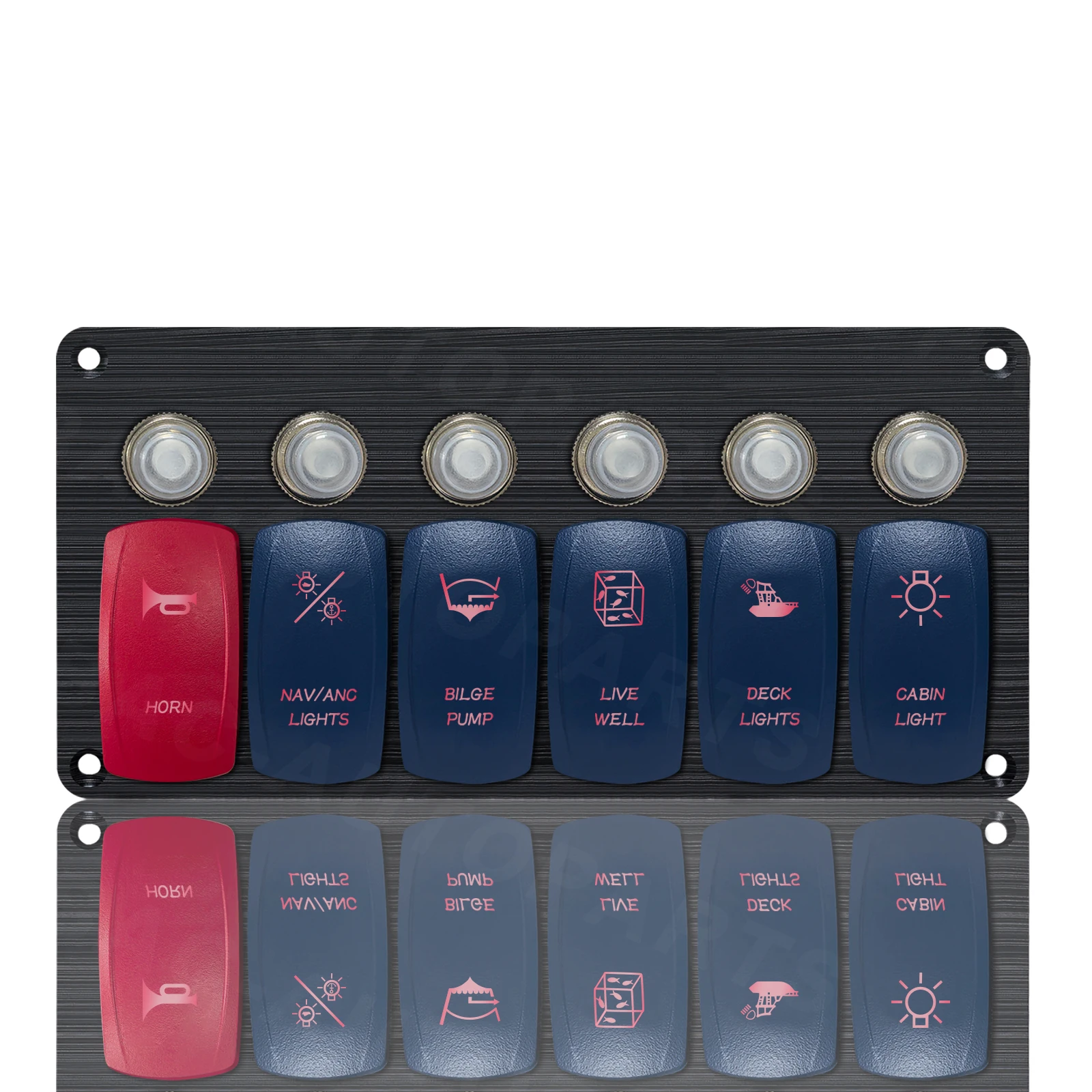 

6Gang Кулисный переключатель Панель 12 В Красный светодиод Водонепроницаемый морской звуковой сигнал Nav Anc Трюмный насос Live Well Палубная кабина для автомобиля Авто Грузовик Караван