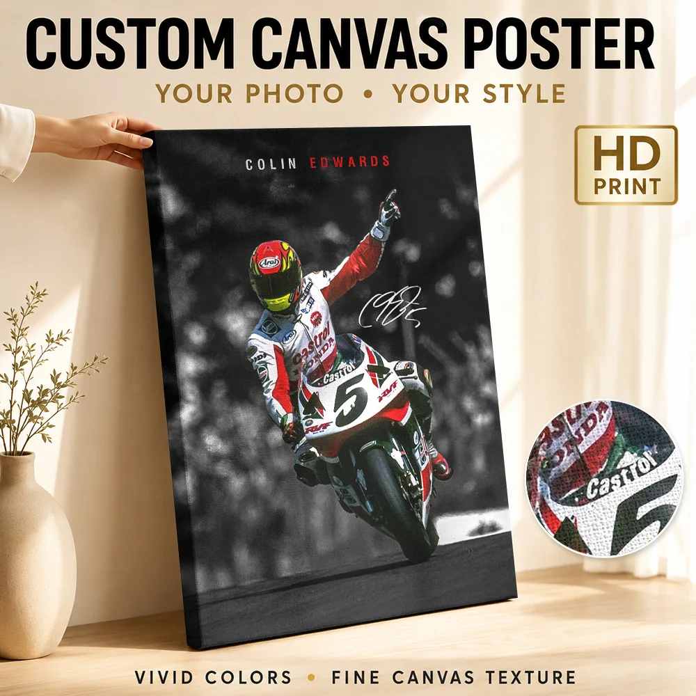 Colin Edwards Motorcycle Framed Canvas Poster Customized Photo Retro Automotive Canvas Wall Art for Garage Decor Ready to Hang