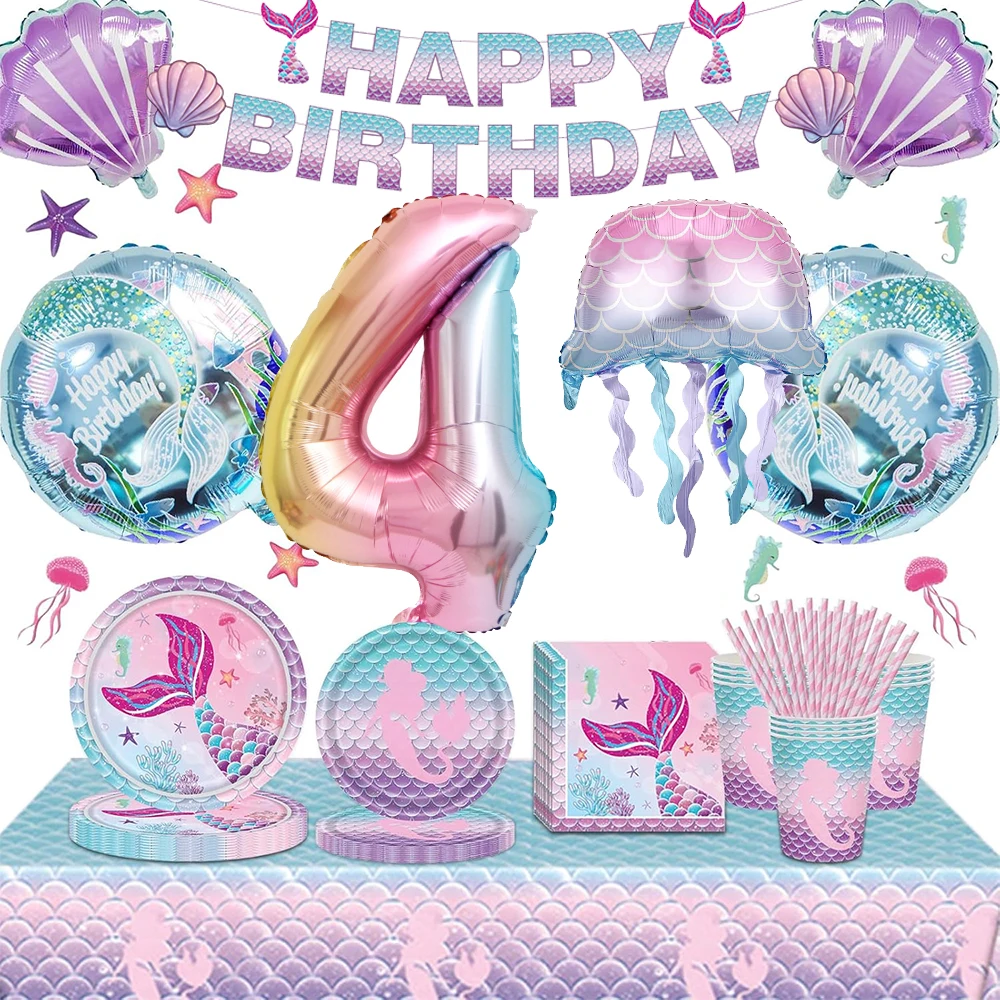 Meerjungfrau Geburtstag Party Dekoration Geschirr Teller Servietten Anzahl Folien Ballons Mädchen Geburtstag Party Dekore Baby Dusche Liefert