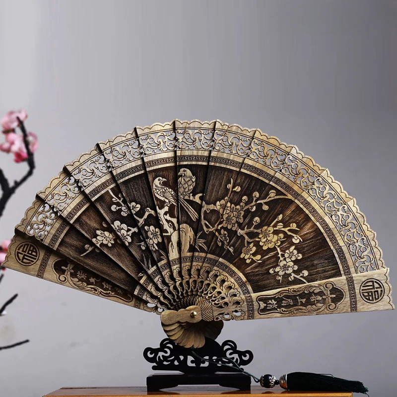 Golden nanmu fan folding fan fragrant wood classical Chinese style folding decoration hollow carving handicraft Chinese ornament