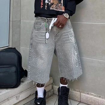Fashion Men Summer Casual Denim Shorts Knee Length Trendy Letter Embroidered Shiny Rhinestone Decor Jeans Shorts with Pockets 2