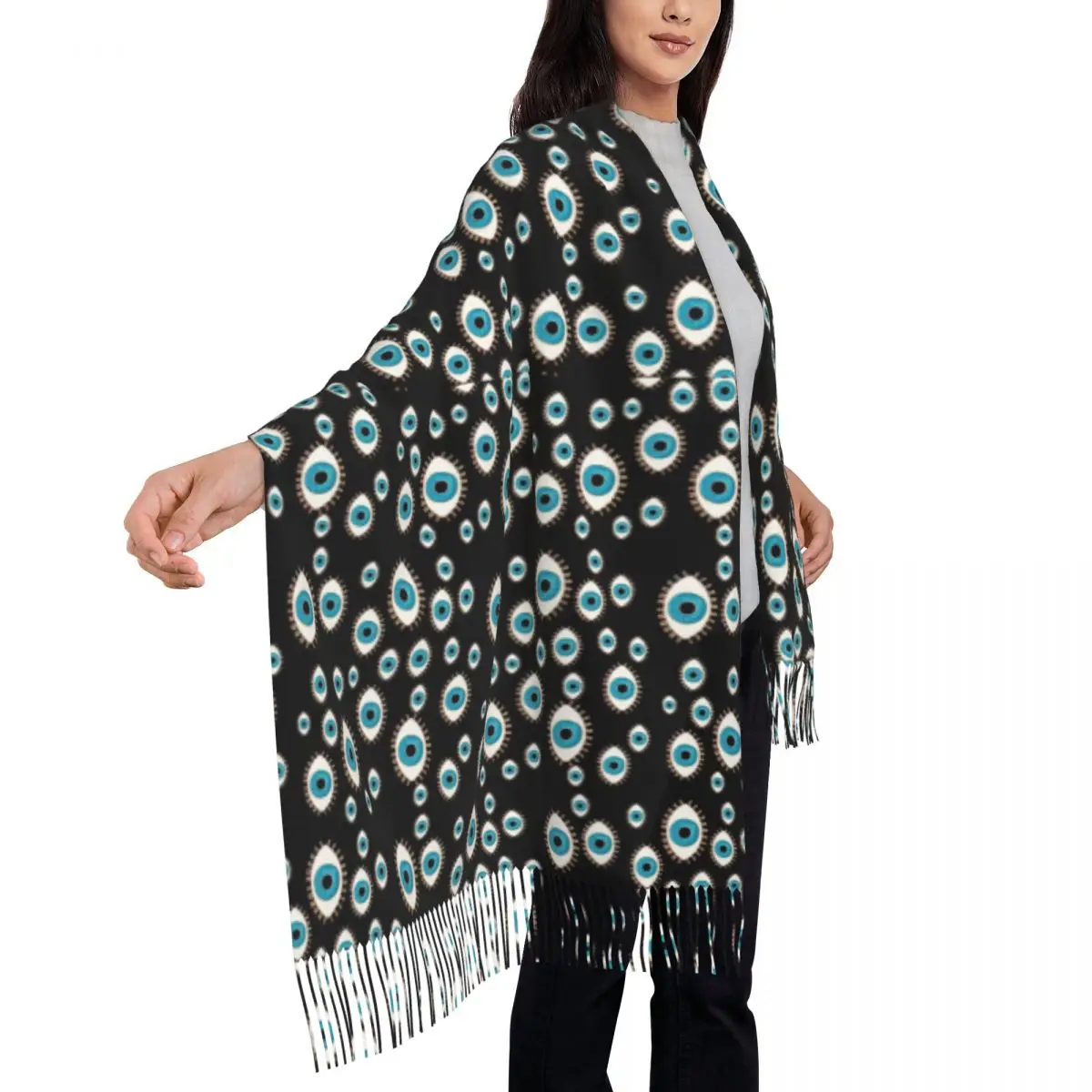 Ladies Scarf Outdoor Evil Eye Print Head Scarves with Long Tassel Greek Mati Mataki y2k Funny Shawls Wrpas Winter Bufanda Mujer