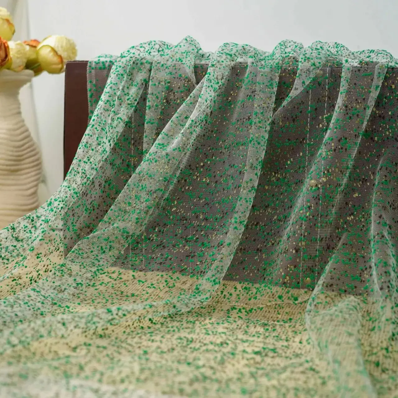 

Super beautiful dark green plush polka dot mesh tulle fabric bridal wedding decoration bubble skirt mesh DIY clothing fabric