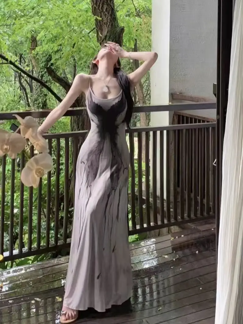 Retro Inkt Vlinder Tie Dye Camis Jurk Vrouwen Zomer Slanke Mouwloze Midi Jurk Y2K Koreaanse Zoete Mesh Spaghettibandjes Vestidos