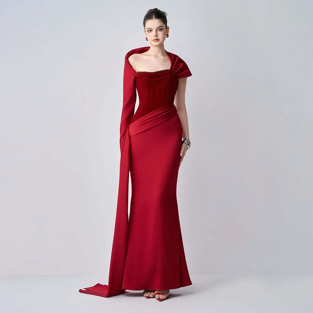 

Customized Saudi Dress Mermaid Long Sleeves One Shoulder Floor Length Women's Evening Dresses Cloak Sleeve Party Dress
