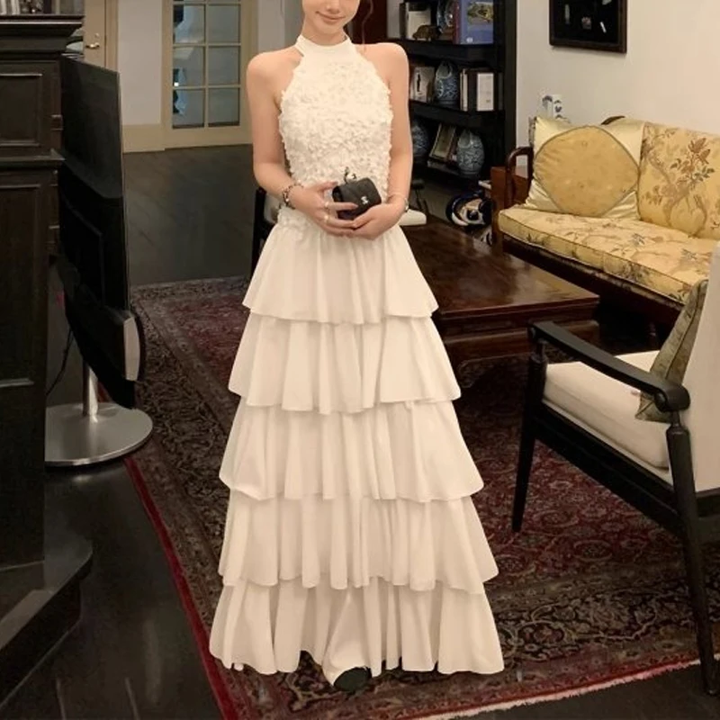 

Fashion Flower Pathcwork Women's 2026 Summer Sleeveless Halter Neck Ruffle Tiered Layed Chiffon Flowy Swing Long Midi Dress