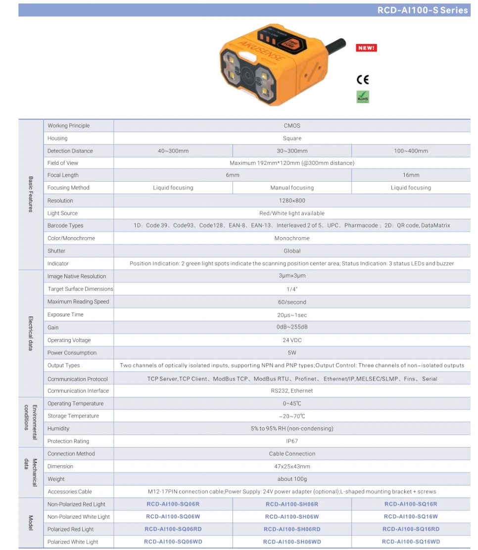 2026 Barcode Scanner with DPM Support Compact Barcode Reader Accurate Focusing 40-300mm Working Distance AI100-SQ06R Code Reader