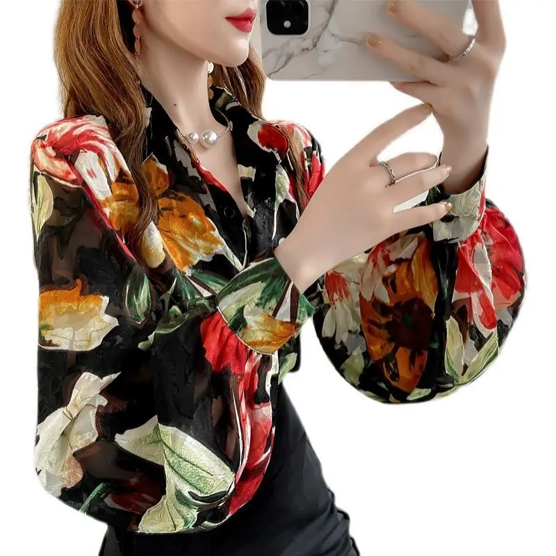 Printing Blouse Female Loose Lantern Sleeve Spring Autumn Women Clothing New Chiffon Top Tee Turn-down Collar Temperament Shirts