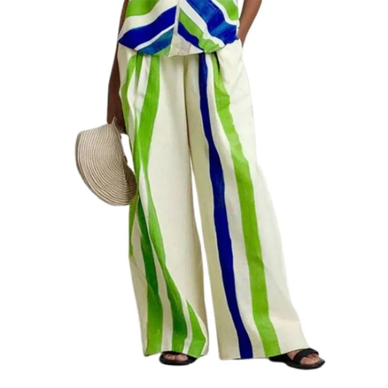 Yeezzi Women's Fashion Contrast Color Striped Wide Leg Pants Elastic High Waist Loose Pockets Casual Office Work Trousers 2026