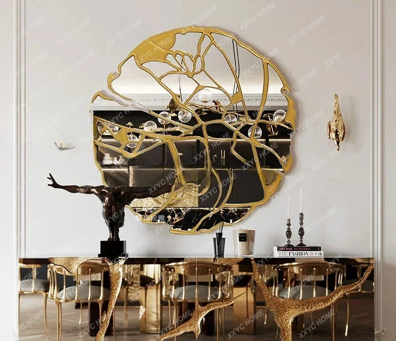 A  Wall Decorative Mirror Living Room Wall Entrance Metal Mirror Background Light Luxury Modern Art Bronze Mirror