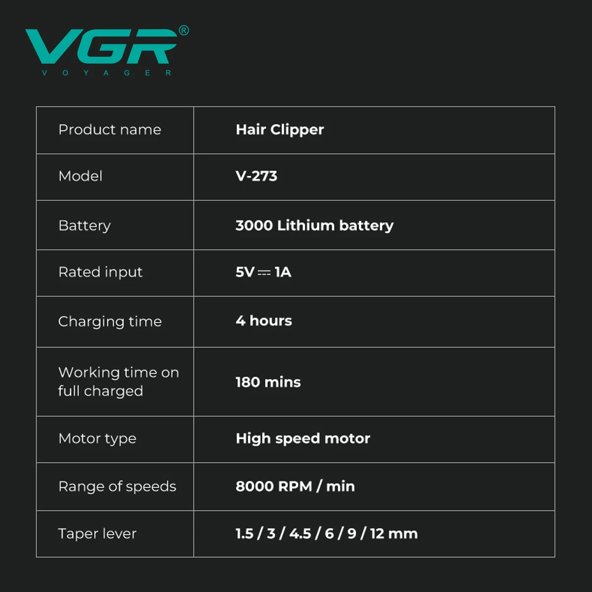 VGR ใหม่ไฟฟ้าผม clipper โลหะ high-end ผม trimmer 8000 RPM ที่มีประสิทธิภาพไฟฟ้า PUSH เฉือน V-273