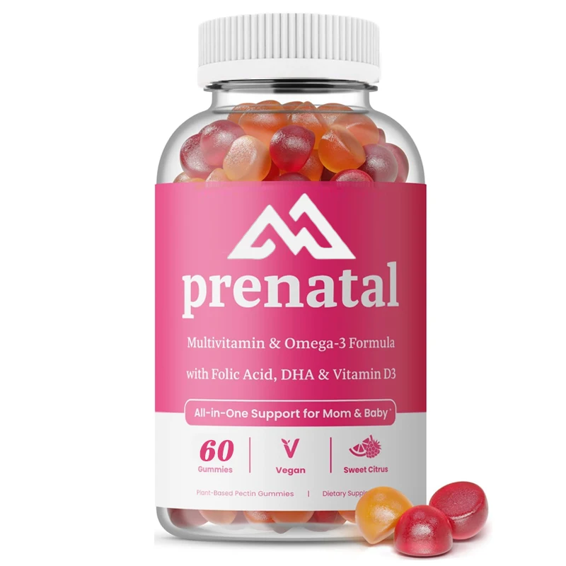 

Prenatal vitamin gummies containing DHA and folic acid contain Omega 3 and D3, promoting fetal development with 60 capsules