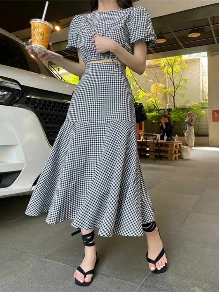 Two 2 Piece Set Plaid Dress Women Puff Sleeve Casual Woman Tops Ruffle High Waisted Ladies Skirts 2023 Summer Suit