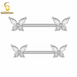 2pcs Zircon Butterfly Nipple Rings Titanium or Steel Straight Barbell Body Piercings Hypoallergenic Women Jewelry Accessory 14G