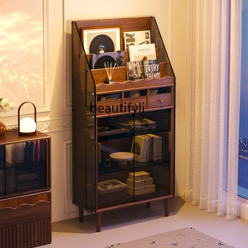 خزانة مجلة من الخشب الصلب من خشب الجوز الأسود لغرفة المعيشة وغرفة الطعام وخزانة جانبية متوسطة عتيقة #2