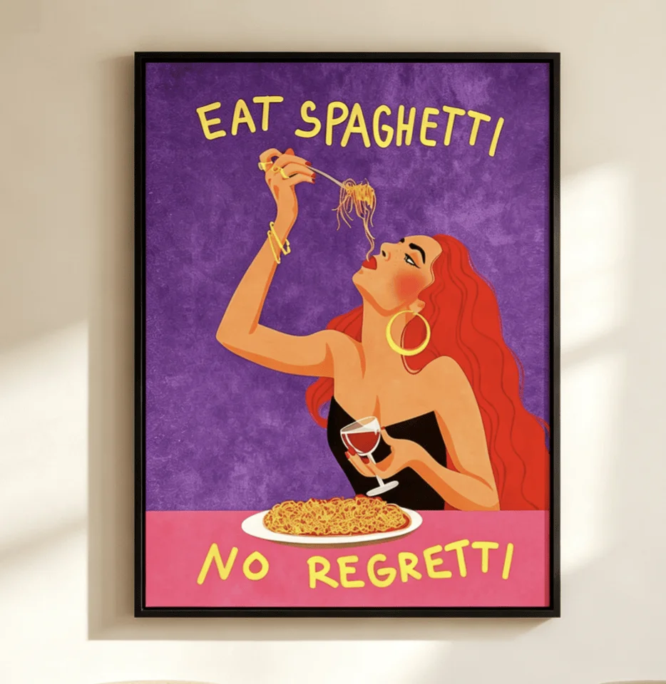 Eat Spaghetti No Regretti Wall Art Canvas Prints, Funny Pasta Posters, Colorful Kitchen Decor for Dining Room Cafe Decor