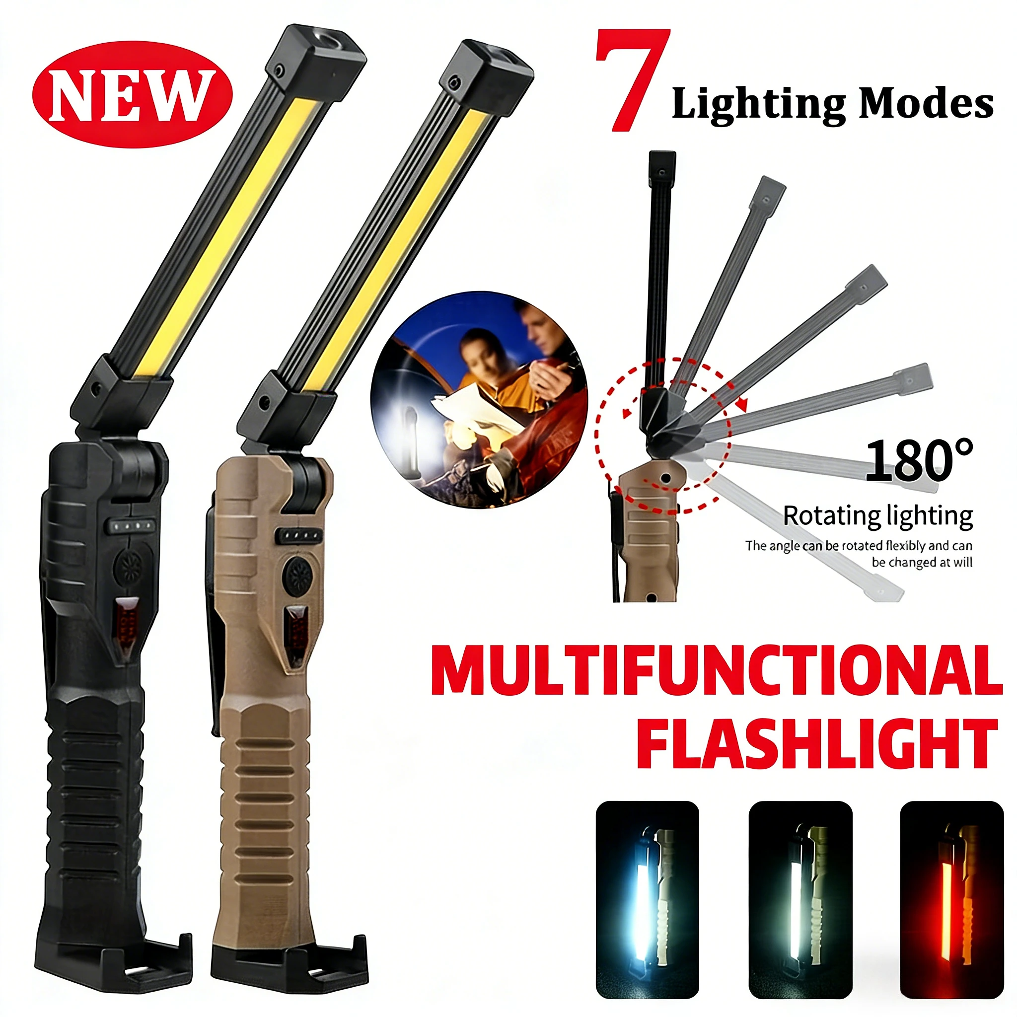 Portable COB LED Flashlight USB Rechargeable Work Light Magnetic Lanterna Hanging Lamp with Built-in Battery Camping Torch