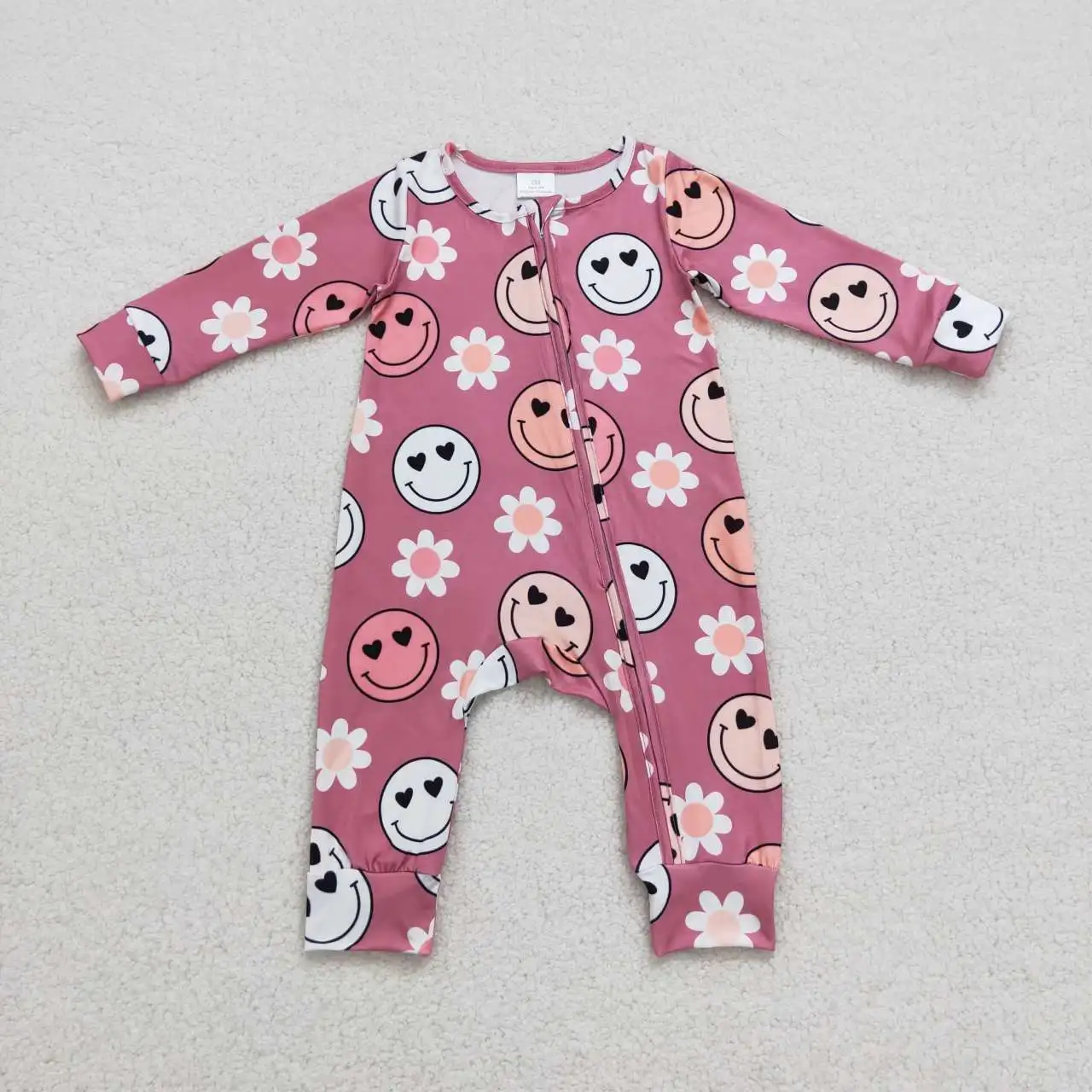 

High Quality RTS Baby Onesie Girls Love Smiley Flower Purple Red Zipper Long Sleeve Onesie