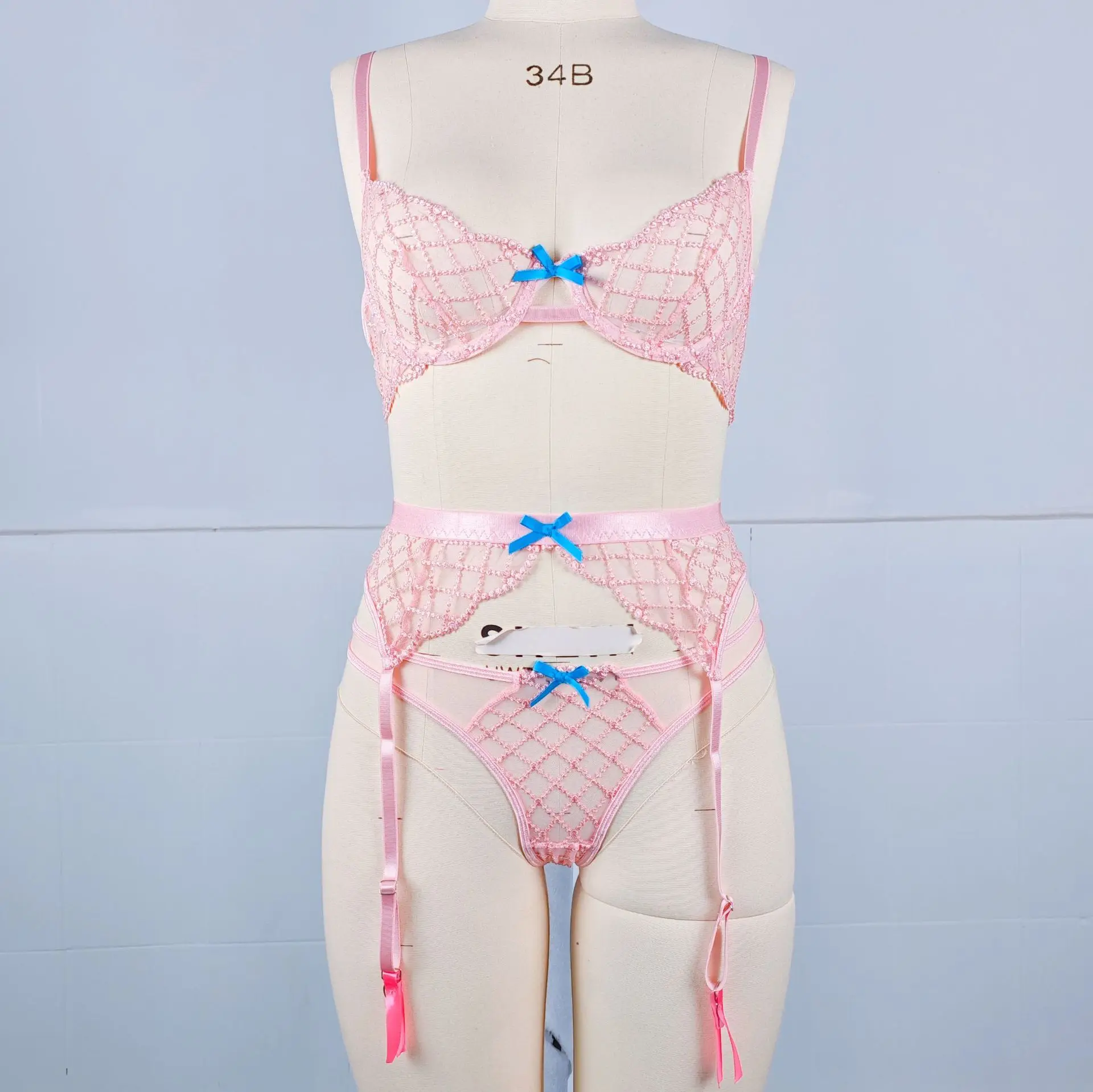 Push-up-Babydoll-Dessous-Set mit Spitzenstickerei, 3-teilig, transparentes Mesh-BH- und Höschen-Set für Damen, heiße Nachtwäsche in Schwarz, Pink, Rot, Blau – Detail 11