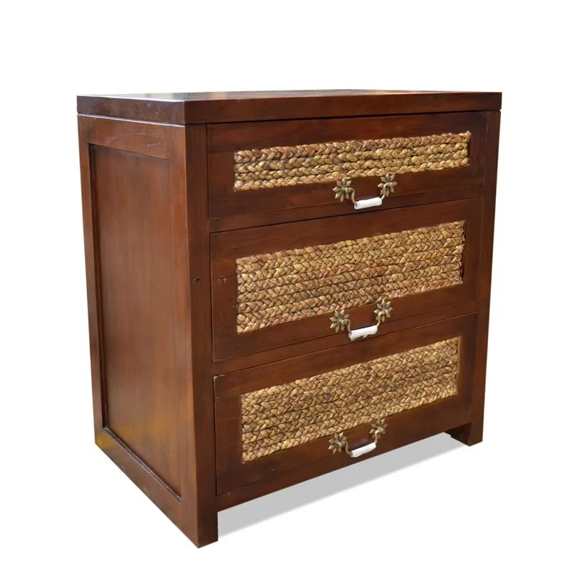 

Antique three-drawer solid teak water hyacinth wicker cabinet multifunctional living room cabinet