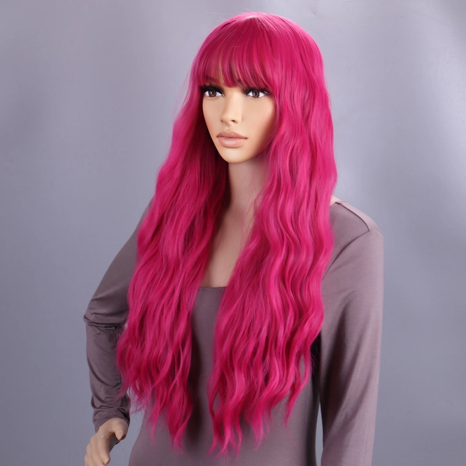 26 Inch Wine-Red Long Curly Synthetic Wig Heat Resistant Bangs Full Wigs for Photography Stage Movie Hair MIAO