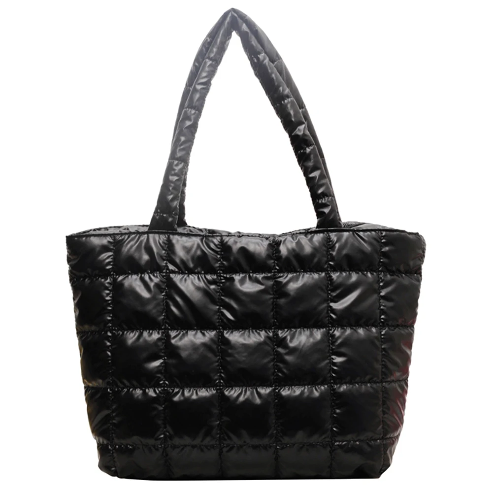

Women Girls Winter Shoulder Bag Zipper Closure Plain Check Bag Gloss Surface Padding Tote Bag Basic Style for Shopping Traveling