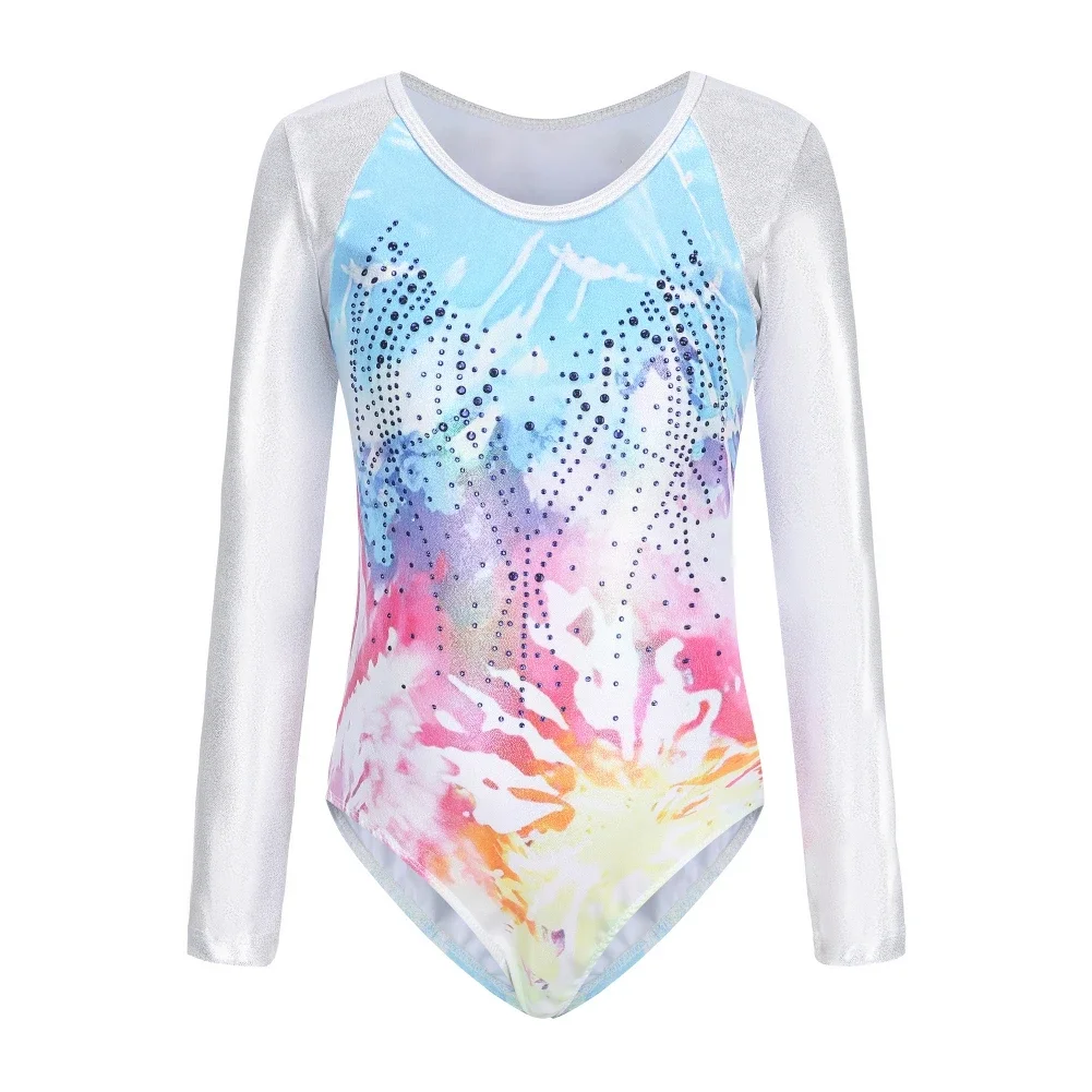 5-12 Year Children Girls' Long Sleeve Ballet Leotard High Stretch Gradient Print Sparkly Tumbling Gymnastics Dancewear Bodysuit