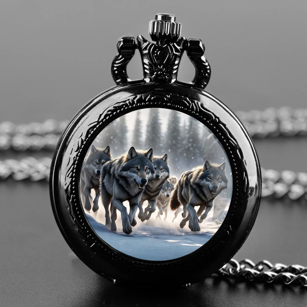 Wolf Pack Practical Gifts Glass Dome Arabic Numerals Quartz Pocket Watch Necklace Pendant Clock with Chain Men Women Gift