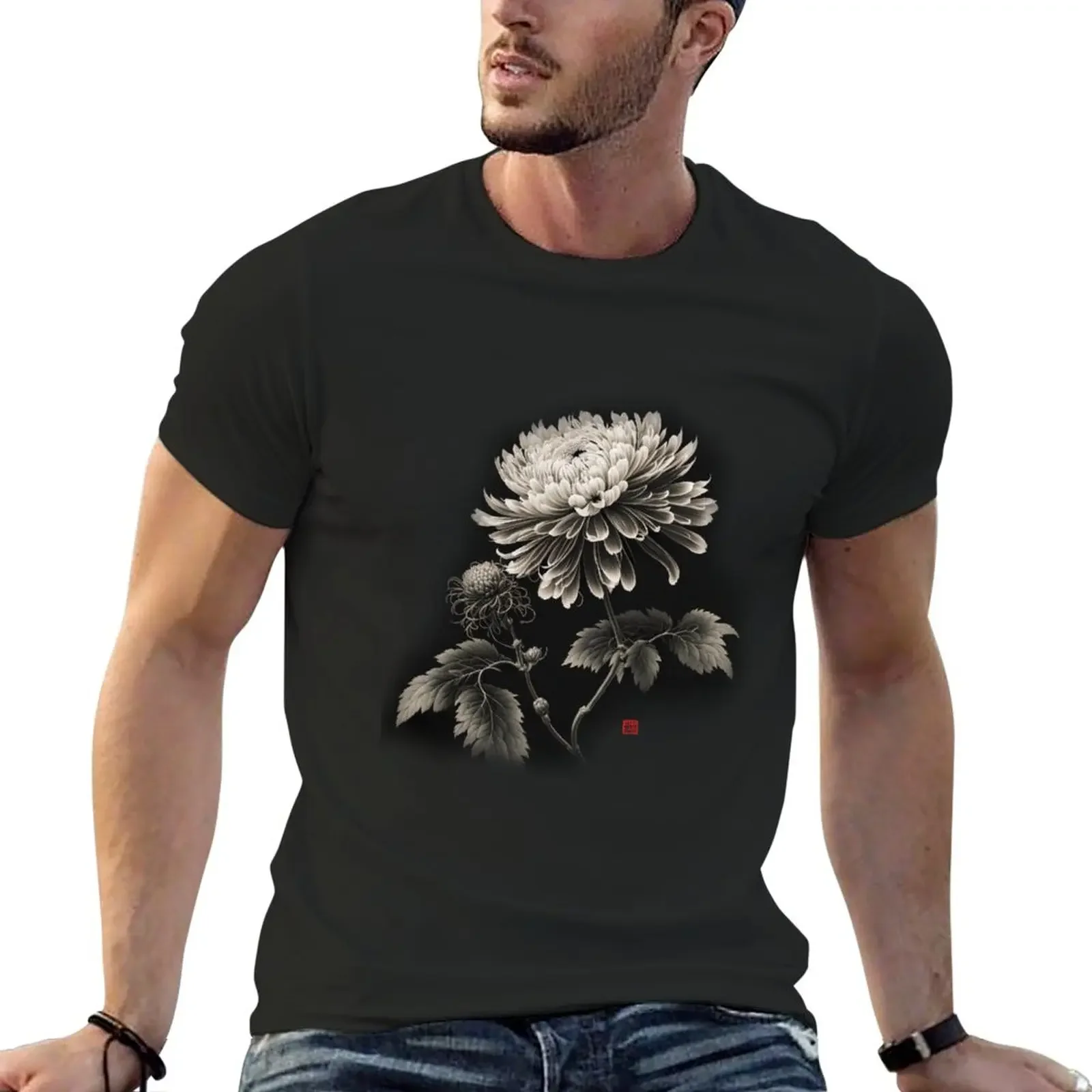 

Sumi-e chrysanthemum flower (black background only) T-Shirt heavyweights Aesthetic clothing designer t shirt men