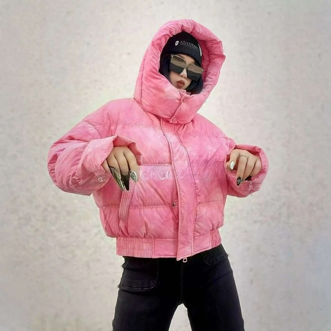 2025 Color Blocking Winter New Design Sense Tie Dye Short Down Jacket Women's Fashionable Warm Bread Jacket