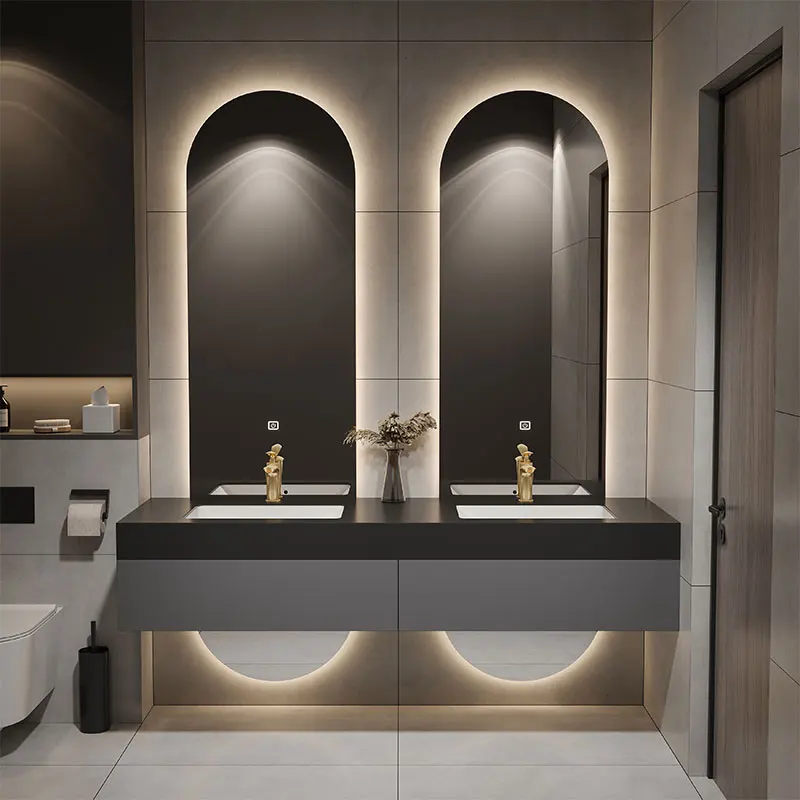 Designer Customized High-end Villa Light Luxury Rock Slab Integrated Basin Bathroom Cabinet Combination Double Mirror Wash image 3
