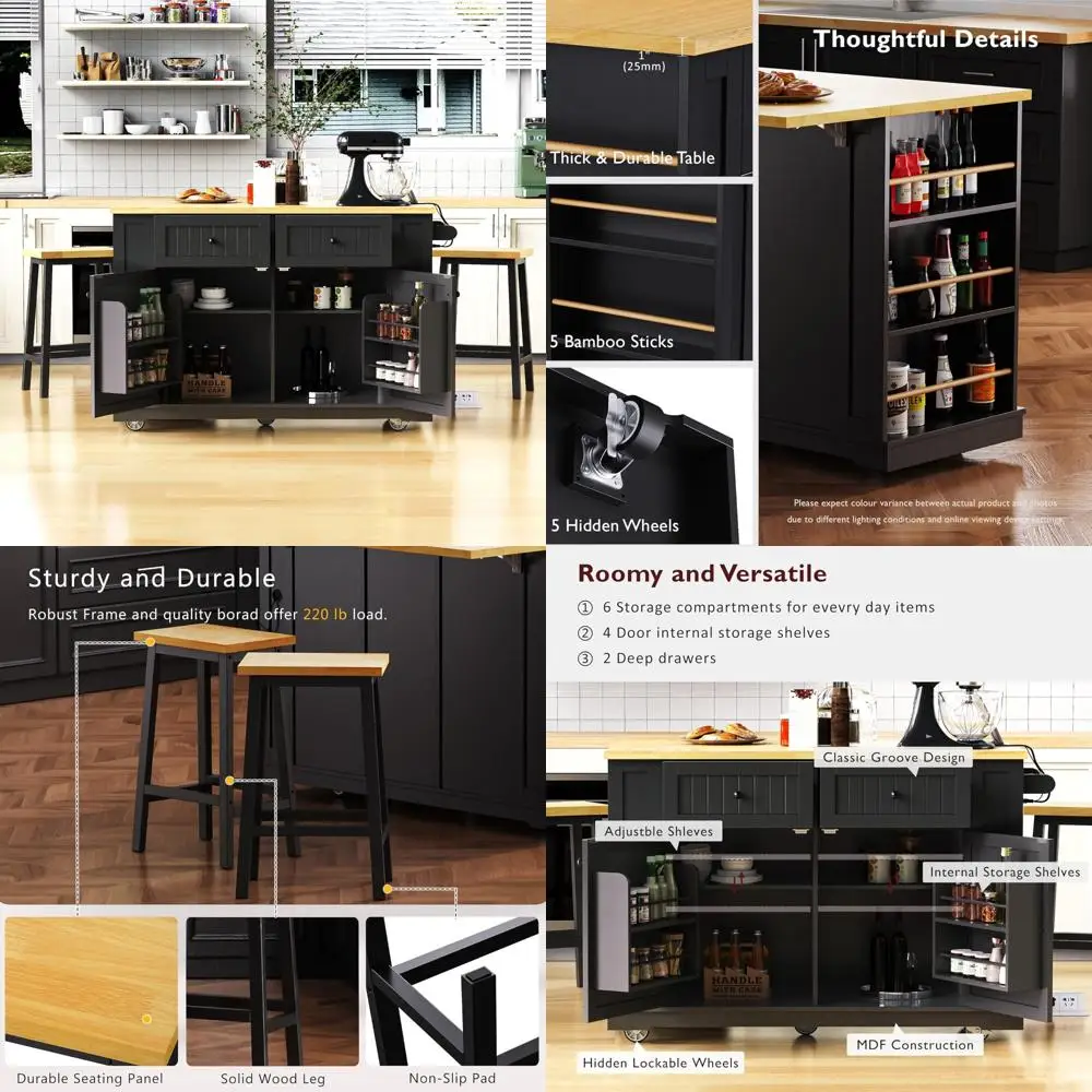 Large 48-inch Kitchen Island with Storage, 2 Stools, Power Outlet, and Drop Leaf on 5 Wheels