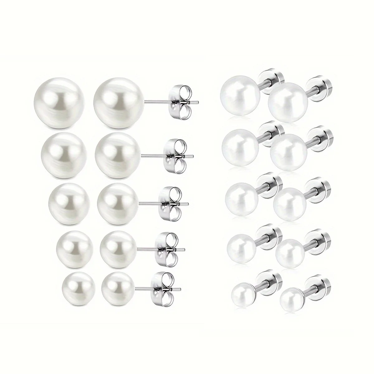 5 Pairs Stainless Steel Faux Pearl Round Cartilage Stud Earrings For Men Women Daily Wear Jewelry Multiple Sizes 4/5/6/7/8mm