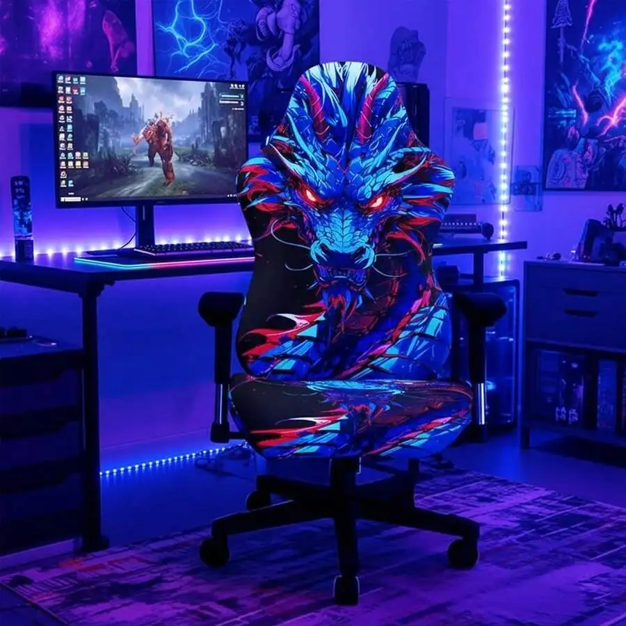 Blacklight Gaming Chair Cover – UV Reactive Neon Dragon Esports Chair Slipcover, Glow In The Dark Fantasy Dragon Chair Protector