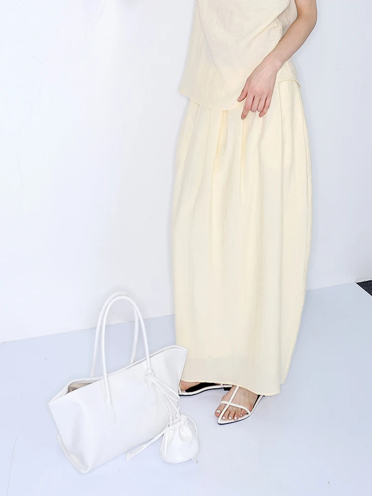 

JDE Yellow Midi Slimming Pleated Commute Casual Simple f-length Skirt Women Summer Ci Commuting Viscose Nylon Cotton